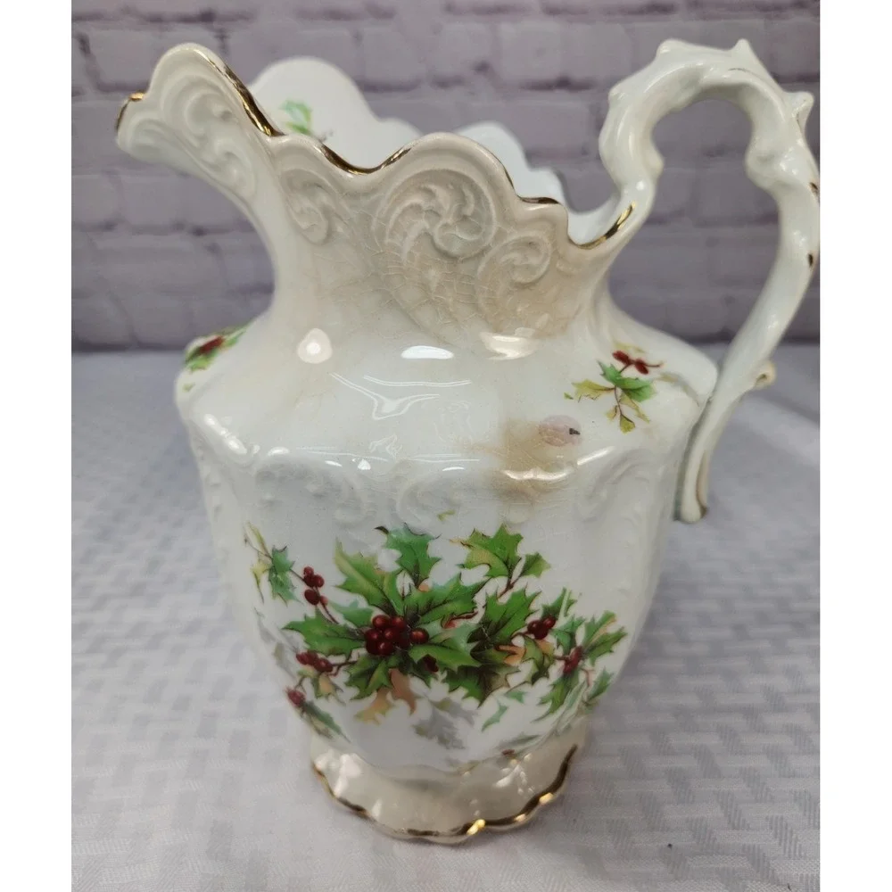 Antique 1880 EPP Co East Palestine Pottery MARQUETTE Holly Berry Pitcher Holiday